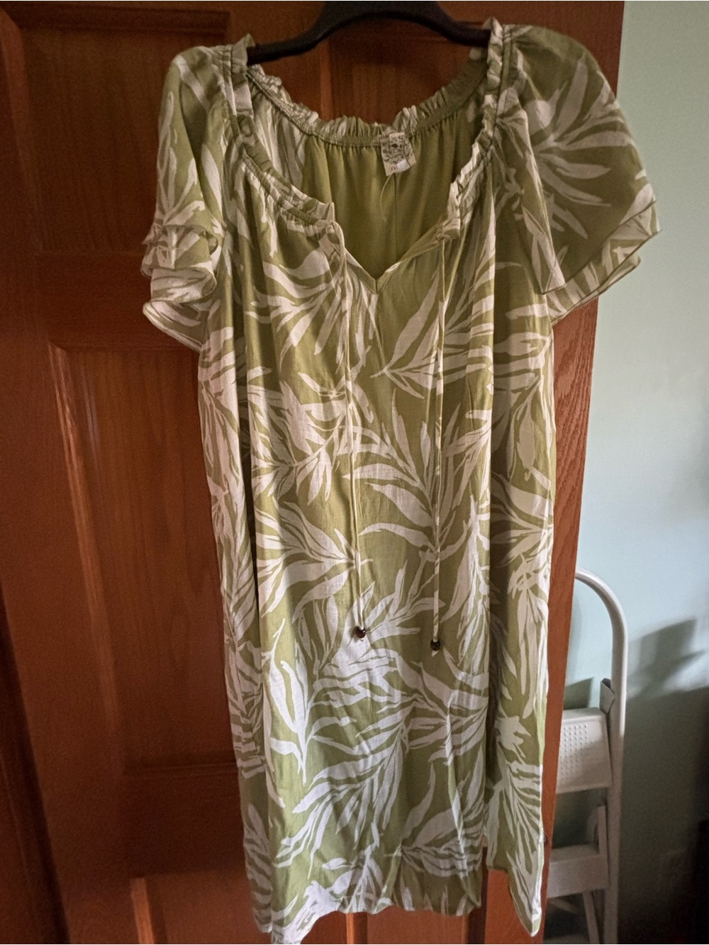 NAIF Olive Green and White Leaf-Print Midi Dress